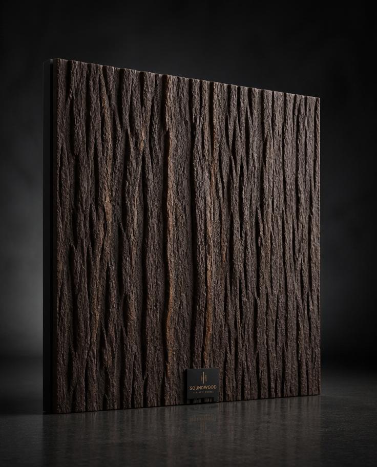 Old Growth Block — dark brown textured acoustic panel resembling tree bark