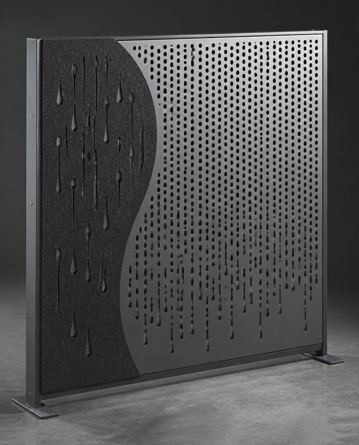 Drizzle Mesh — perforated metal and felt acoustic panel with rain droplet pattern